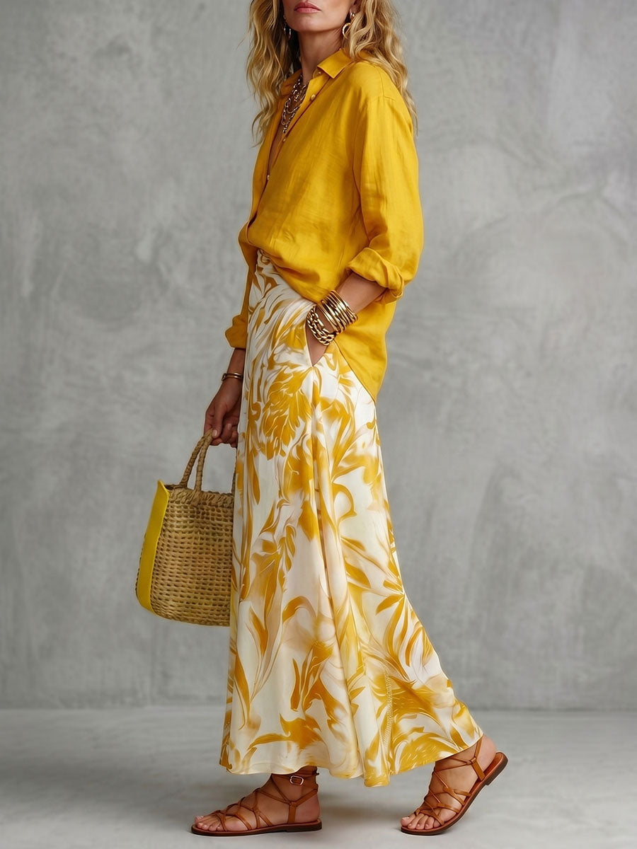 A-Line High Waisted Contrast Color Flower Print Pockets Skirts