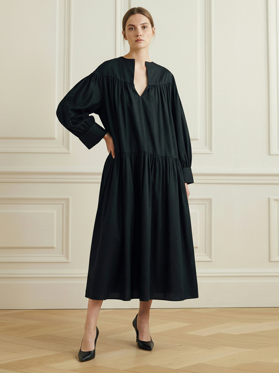 A-Line Long Sleeves Layered Pleated Solid Color V-Neck Midi Dresses