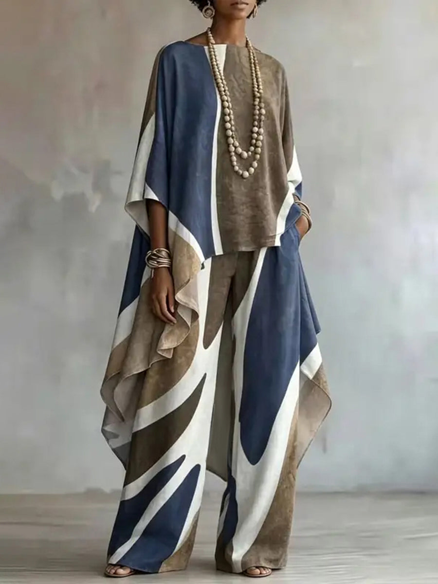 Printed Pockets Contrast Color Wide Leg Loose Trousers Pants