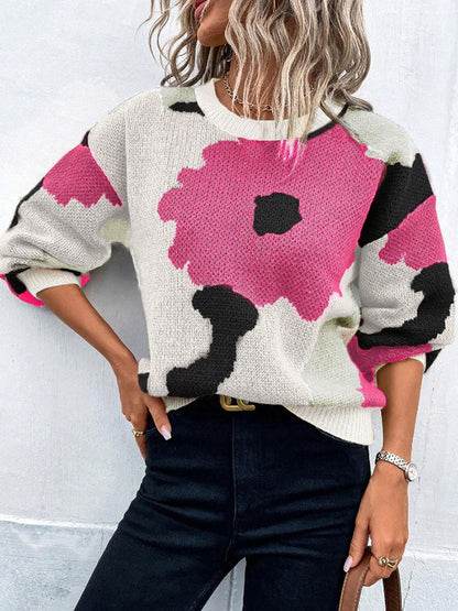 Loose Puff Sleeves Asymmetric Knitted Flower Split-Joint Round-Neck Sweater Tops