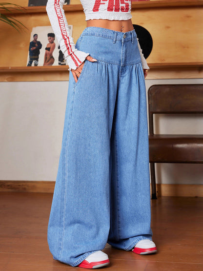 Loose Wide Leg Buttoned Elasticity Pleated Pockets Solid Color Jean Pants Bottoms