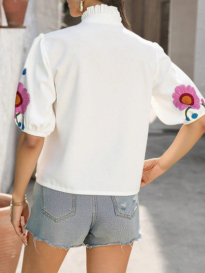Loose Puff Sleeves Contrast Color Flower Print Ruffle Trim Stand Collar Blouses&Shirts Tops