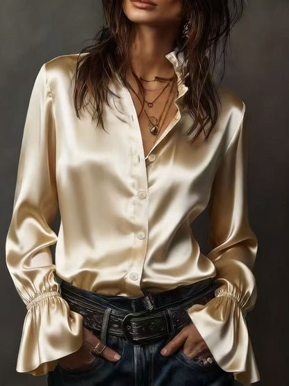 Flared Sleeves Long Sleeves Buttoned Elasticity Solid Color Lapel Blouses&Shirts Tops