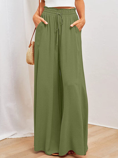 High Waisted Loose Drawstring Elasticity Pleated Pockets Solid Color Pants Trousers
