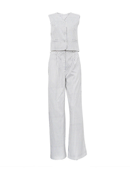 Loose Sleeveless Buttoned Striped V-Neck Vest Top + Pockets Pants Bottom Two Pieces Set