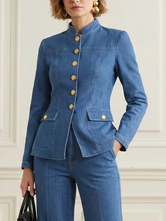 Long Sleeves Buttoned Pockets Solid Color Stand Collar Outerwear