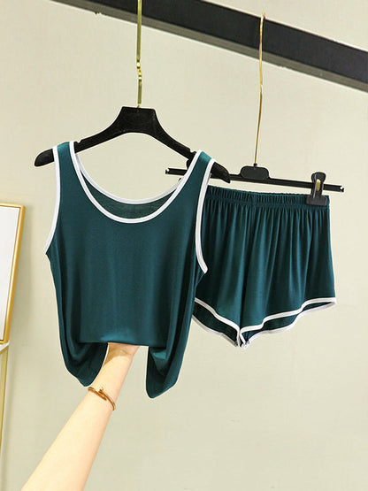 Home Wear Loose Sleeveless Contrast Color Round-Neck Vest&Shorts Pajamas Set
