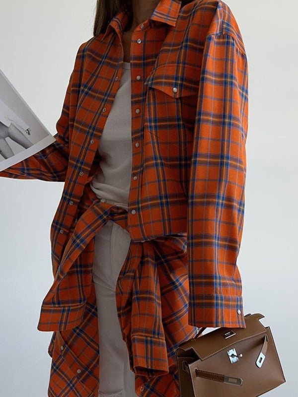 Long Sleeves Loose Buttoned Plaid Pockets Lapel Blouses&Shirts Tops