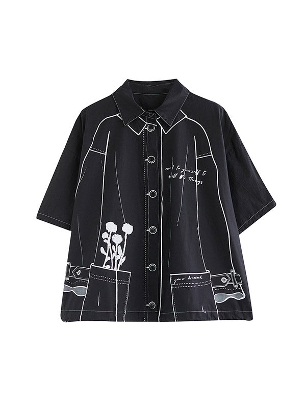 Lose Kurzarm-Blusen und -Hemden mit geknöpftem, bedrucktem Revers 