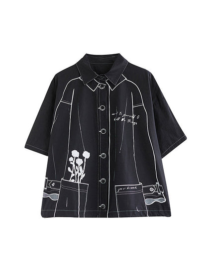 Lose Kurzarm-Blusen und -Hemden mit geknöpftem, bedrucktem Revers 