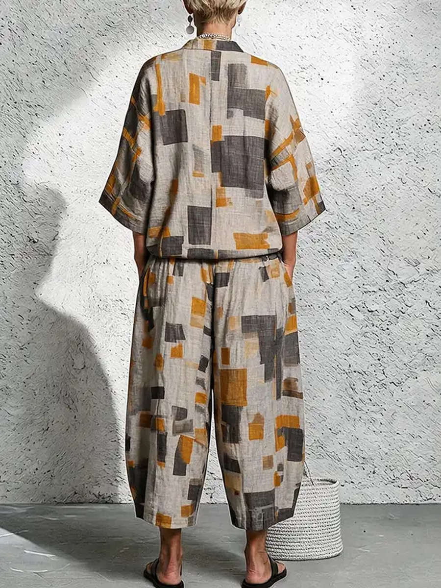 Loose Three‑Quarter Sleeves Printed V‑Neck Blouses&shirts Tops + Pockets Elasticity Cropped Trousers Bottoms Two Pieces Set