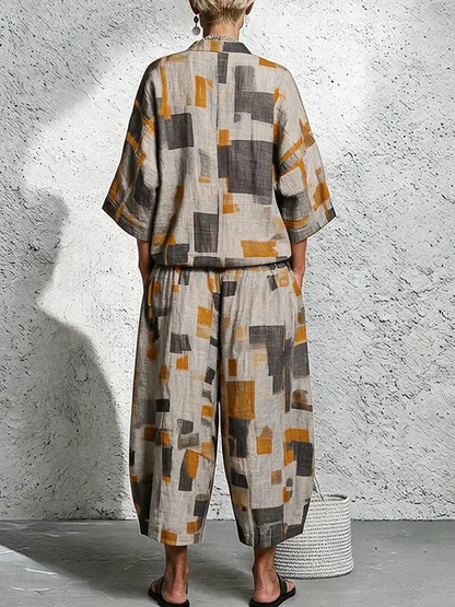 Loose Three‑Quarter Sleeves Printed V‑Neck Blouses&shirts Tops + Pockets Elasticity Cropped Trousers Bottoms Two Pieces Set