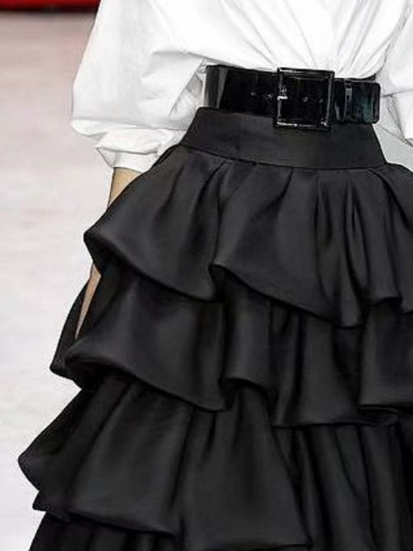 A-line Loose Falbala Layered Solid Color Skirts Bottoms