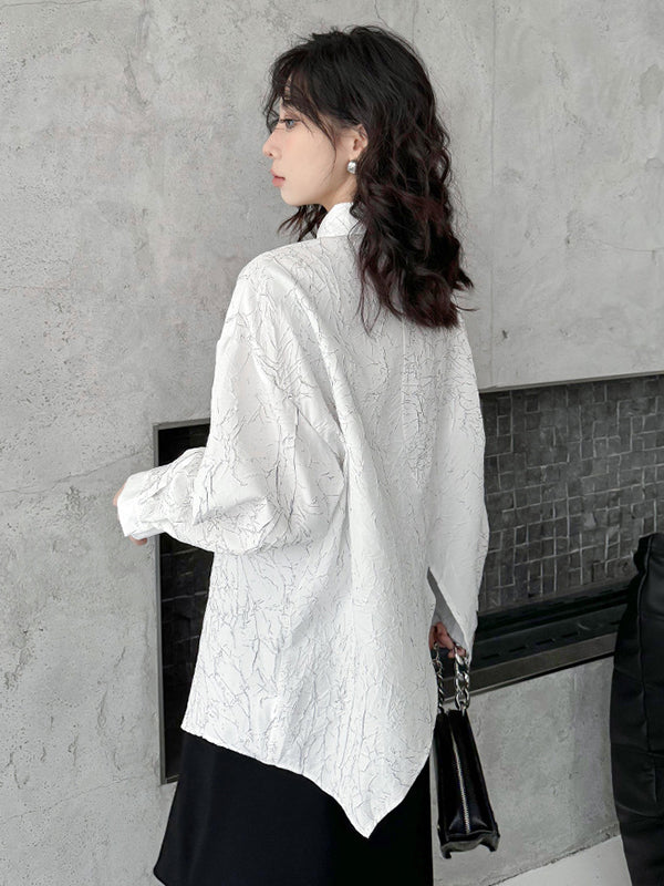 Irregularity Long Sleeves Abstract Printed Asymmetric Buttoned Wrinkled Lapel Blouses&Shirts Tops