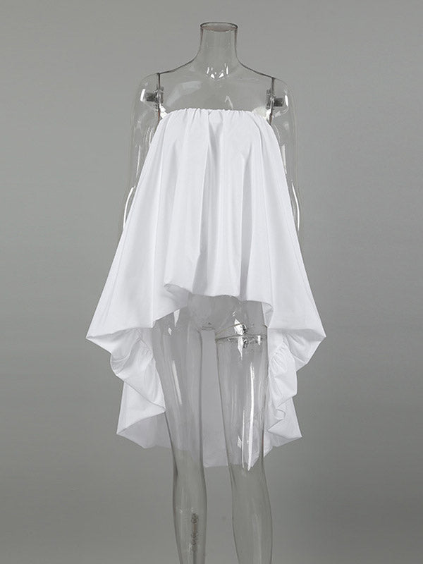 High-Low Sleeveless Elasticity Pleated Solid Color Split-Joint Tube Blouses&Shirts Tops