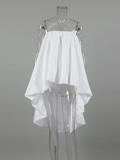 High-Low Sleeveless Elasticity Pleated Solid Color Split-Joint Tube Blouses&Shirts Tops