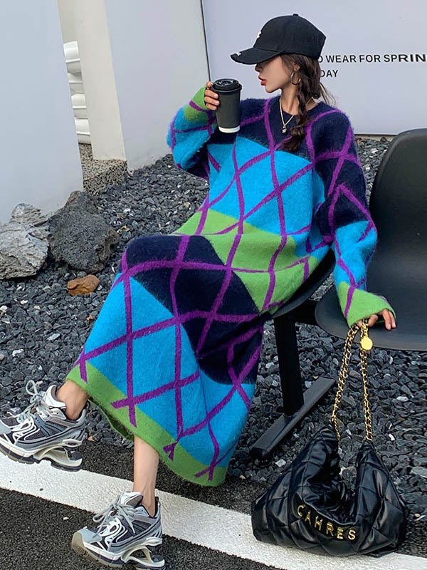 Long Sleeves Loose Contrast Color Plaid Split-Joint Round-Neck Midi Dresses Sweater Dresses