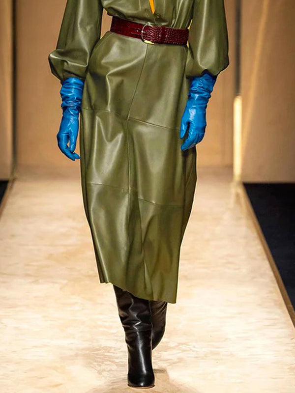 Long Sleeves Loose Buttoned No Belt Pockets Solid Color Split-Joint Lapel Midi Dresses