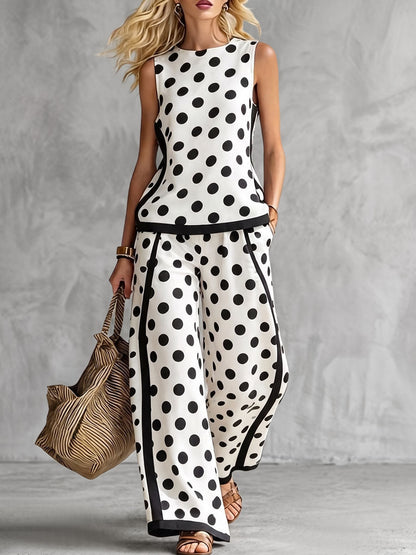 Sleeveless Contrast Color Polka Dot Round-Neck Tank Top