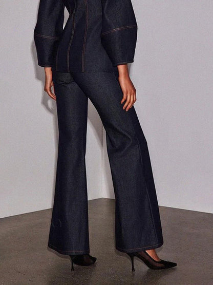 Pantalon en jean taille haute à jambes larges et poches de couleur unie 
