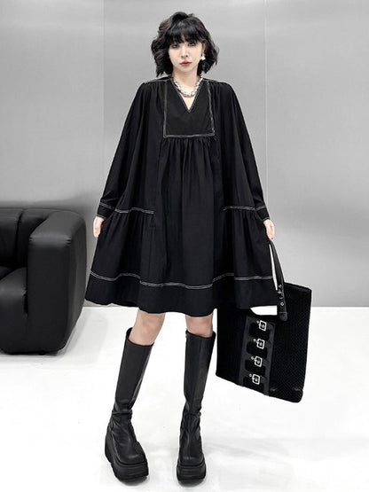 A-Line Long Sleeves Comfort Contrast Color Pleated V-Neck Mini Dresses