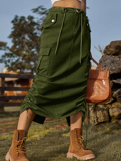 Jupe trapèze ample avec cordon de serrage et poches élastiques, couleur unie, dos fendu 