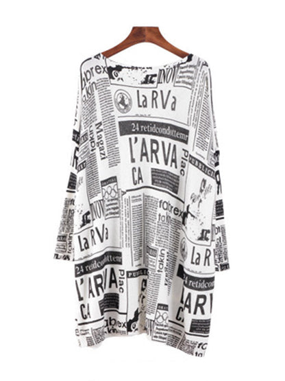 Vintage Loose One-Shoulder Newspaper Printed Split-Joint Sweater