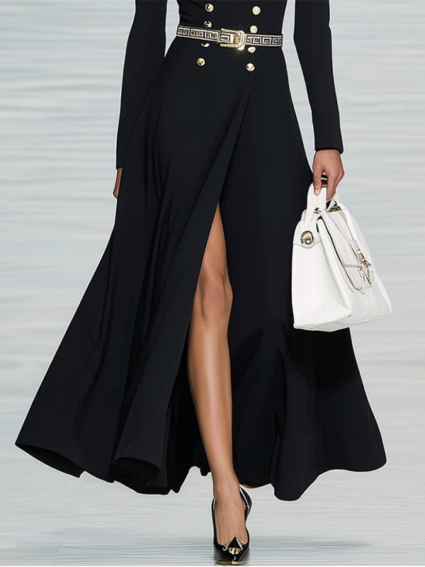 Long Sleeves Buttoned Solid Color Notched Collar Maxi Dresses Shirt Dress