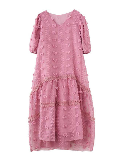 A-Line Half Sleeves Elasticity Jacquard Solid Color Split-Joint V-Neck Midi Dresses