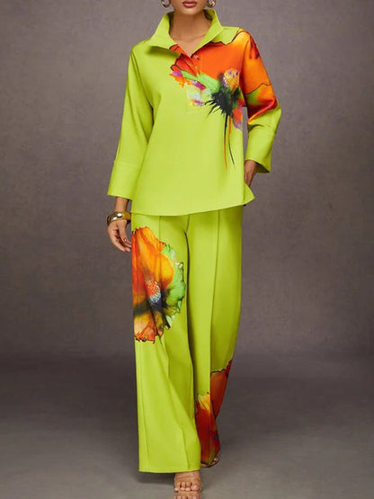 Long Sleeves Loose Buttoned Flower Print Stand Collar Blouses&Shirts Tops