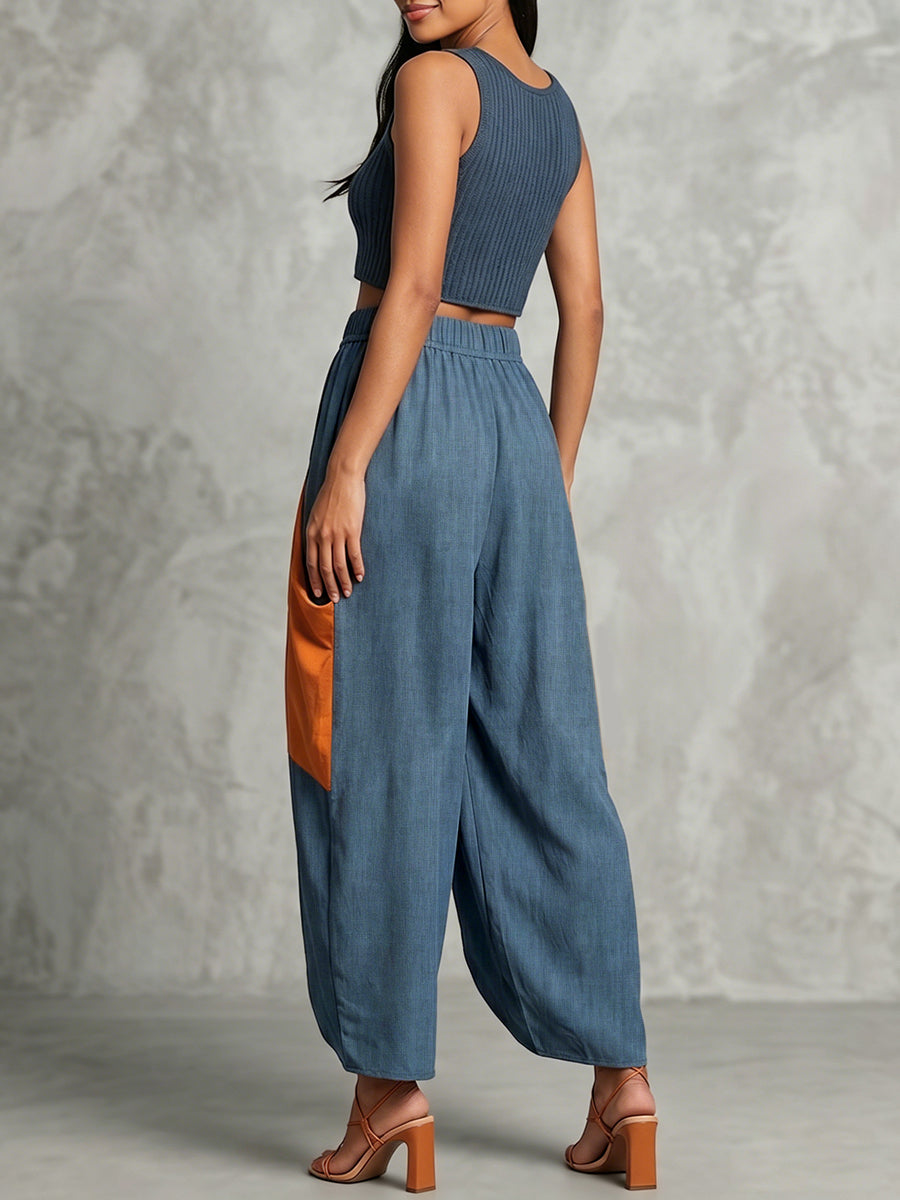 High Waisted Loose Contrast Color Elasticity Pockets Split-Joint Ninth Pants Trousers