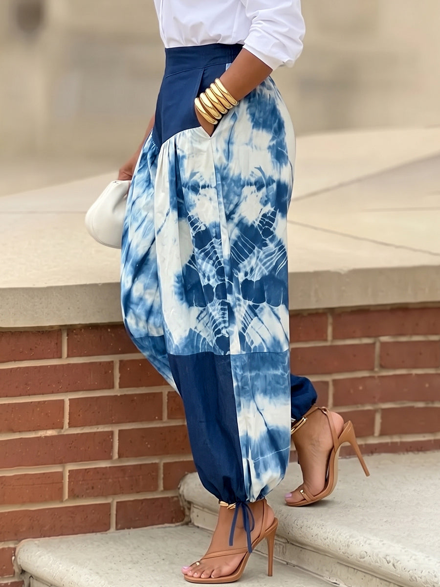 Split-Joint Printed Contrast Color High Waisted Trousers Ankle-Tied Pants