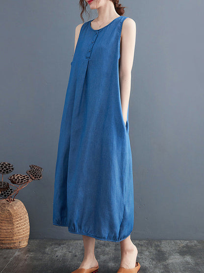 A-Line Loose Buttoned Pleated Solid Color Round-Neck Midi Dresses