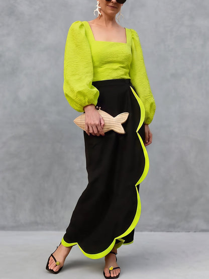 Contrast Color Asymmetric High Waisted Skirts Bottoms