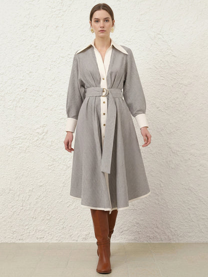 A-Line Elasticated Waist Belted Buttoned Contrast Color Split-Side Striped Lapel Midi Dresses