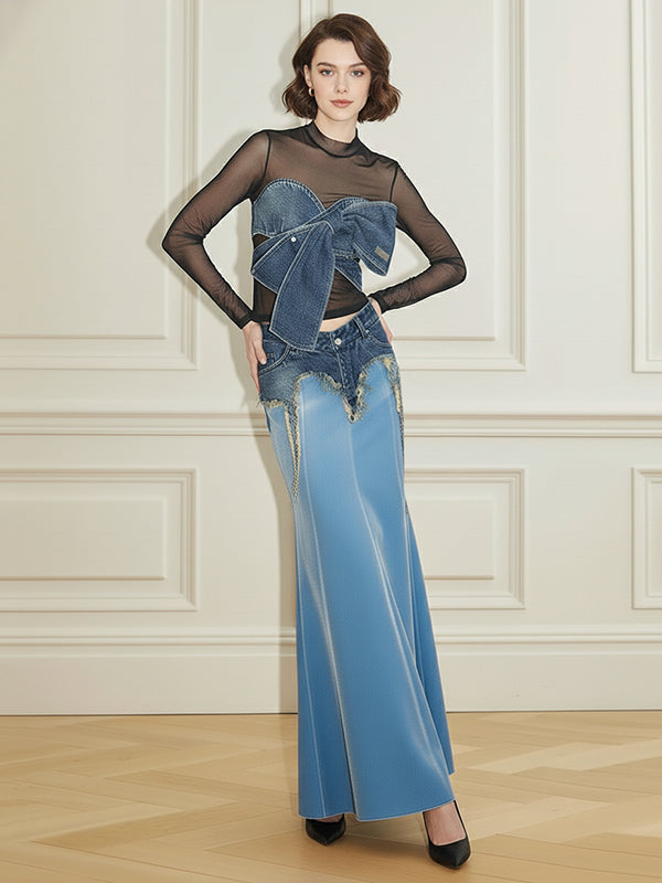 Irregularity Low-Waisted Asymmetric Contrast Color Fringed Split-Joint Skirts Bottoms