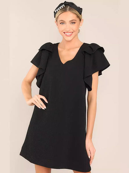 Flared Sleeves Loose Comfort Solid Color V-Neck Mini Dresses