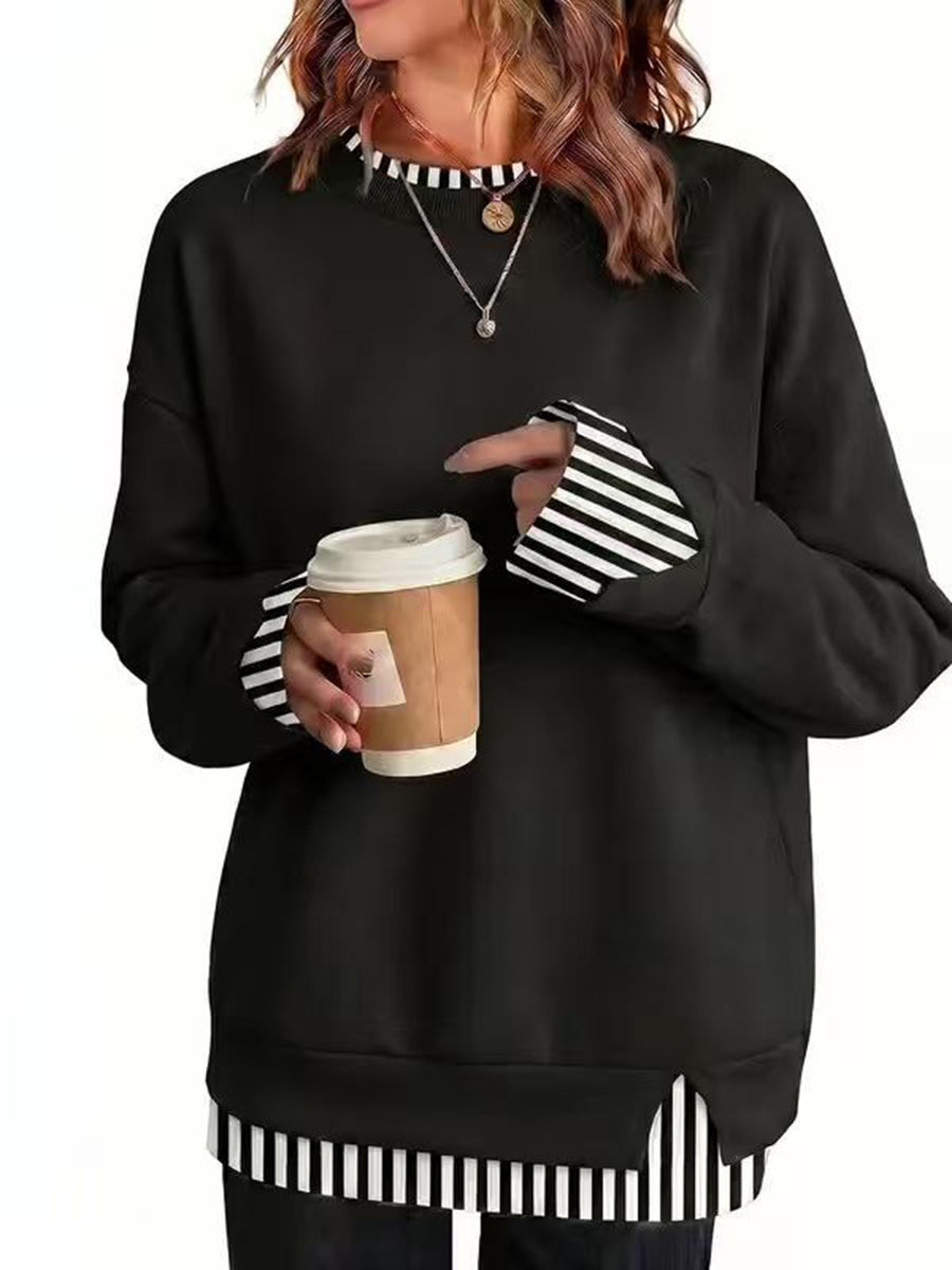 Striped Split-Joint Contrast Color Plus Size Loose Round-neck Sweater Pullovers