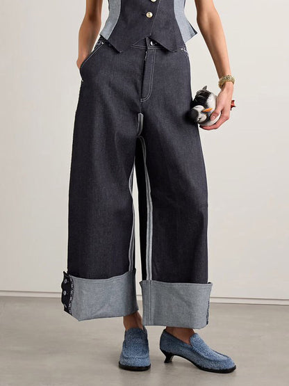 Wide Leg Buttoned Contrast Color Pockets Jean Pants Bottoms