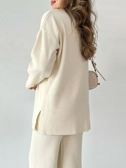 Loose Long Sleeves Solid Color Split-Side Lapel Sweater Top + Pants Two Pieces Set
