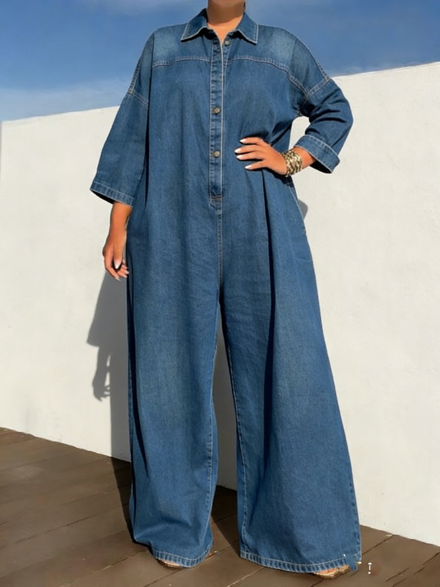 Loose Three-quarter Sleeves Buttoned Pockets Solid Color Split-Joint Lapel Jumpsuits