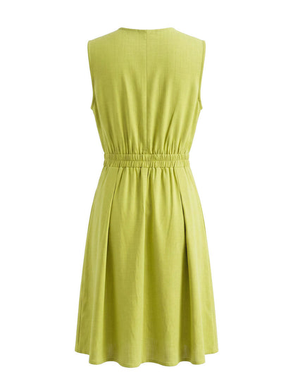Zipper Solid Color Pockets Pleated Sleeveless A-Line Round-Neck Mini Dresses
