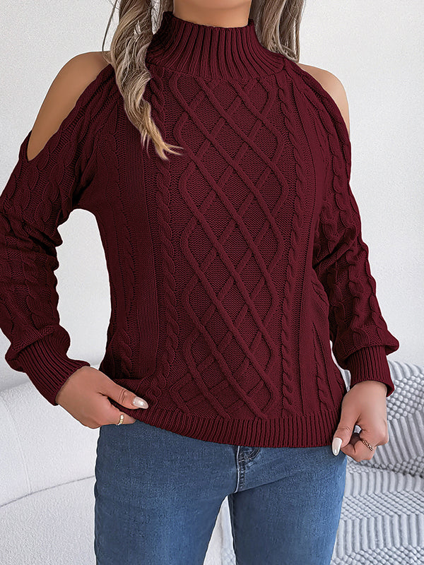 Long Sleeves Loose Hollow Solid Color Cold Shoulder Pullovers Sweater Tops
