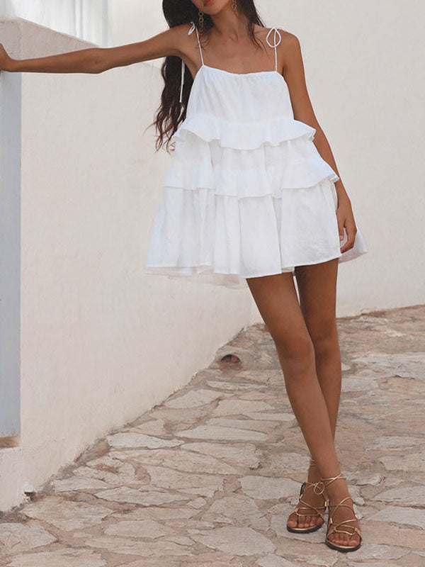 Mini-robes taille haute amples, dos nu, plissées, superposées, couleur unie, nouées, col spaghetti 