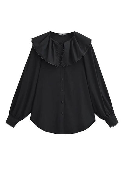 Loose Puff Sleeves Pleated See-Through Solid Color Split-Joint Peter Pan Collar Blouses&Shirts Tops