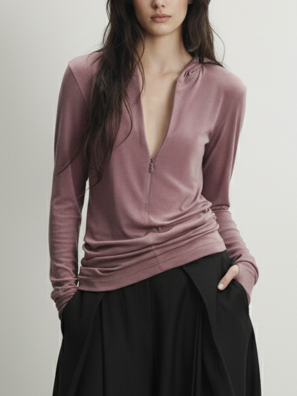 Long Sleeves Skinny Pleated Solid Color Split-Joint Zipper Deep V-Neck Hoodies&Shirts