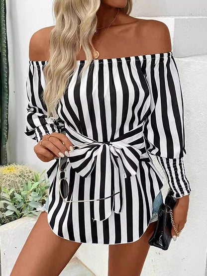 Long Sleeves Loose Contrast Color Elasticity Split-Joint Striped Tied Waist Off-The-Shoulder Blouses&Shirts Tops