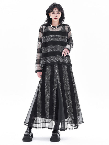 Striped Contrasting Color Elastic Round-Neck  Long-Sleeved See-Through Blouses&Shirts Tops+ Skirt Bottom Two Pieces Set