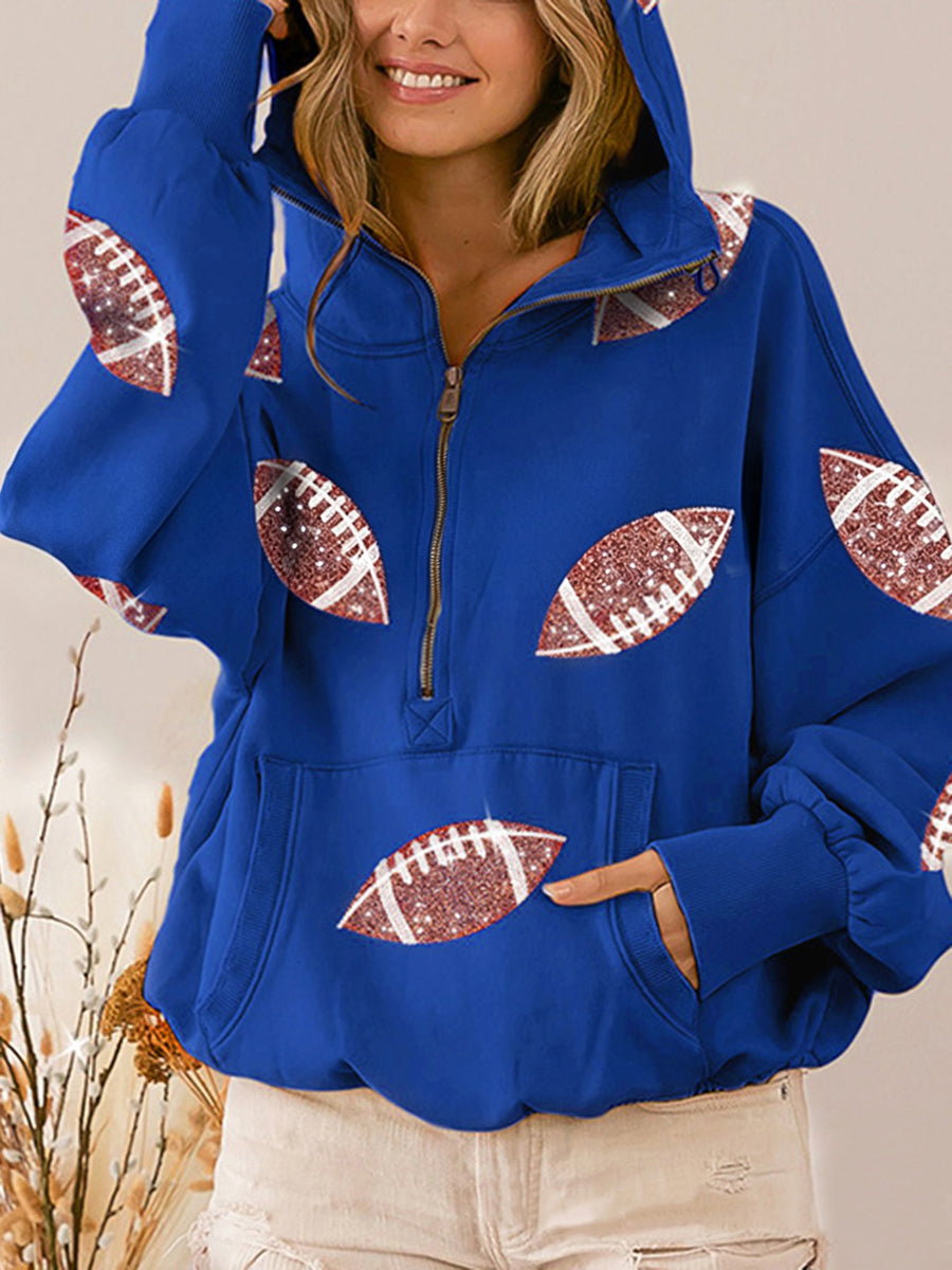 Zipper Split-Joint Ribbed Printed Pockets Drawstring Loose Long Sleeves Hooded Sweater Pullovers