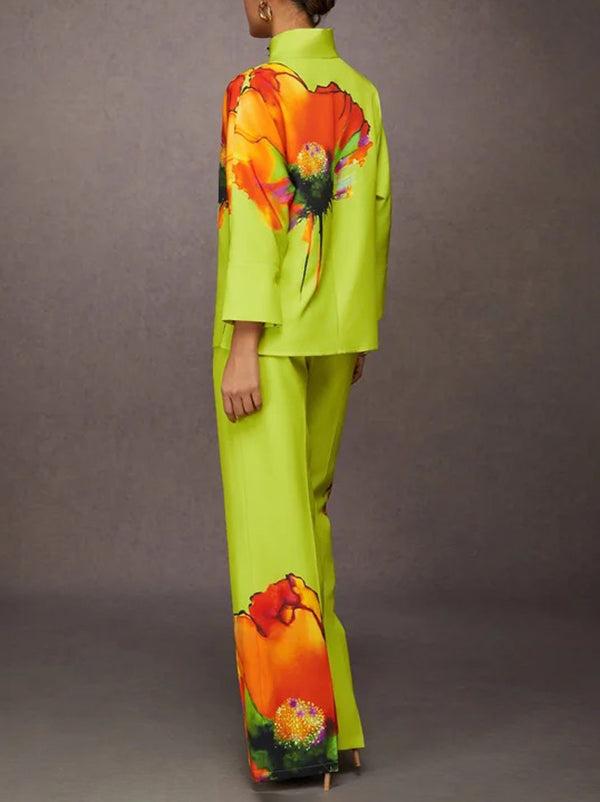 Long Sleeves Loose Buttoned Flower Print Stand Collar Blouses&Shirts Tops